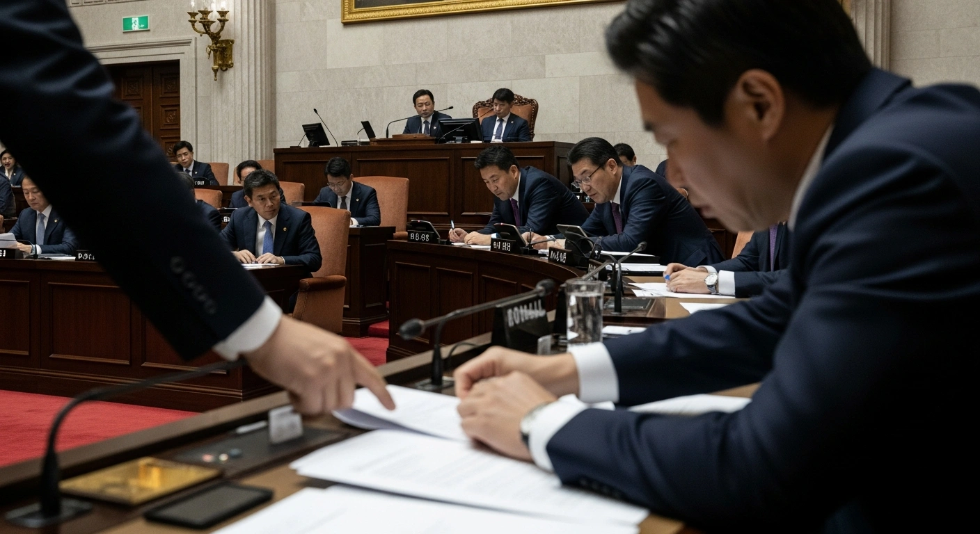 A dramatic, low-light scene in a legislative chamber depicts the tension between Japan's government pushing for the fiscal 2026 budget and opposition parties demanding more deliberation.