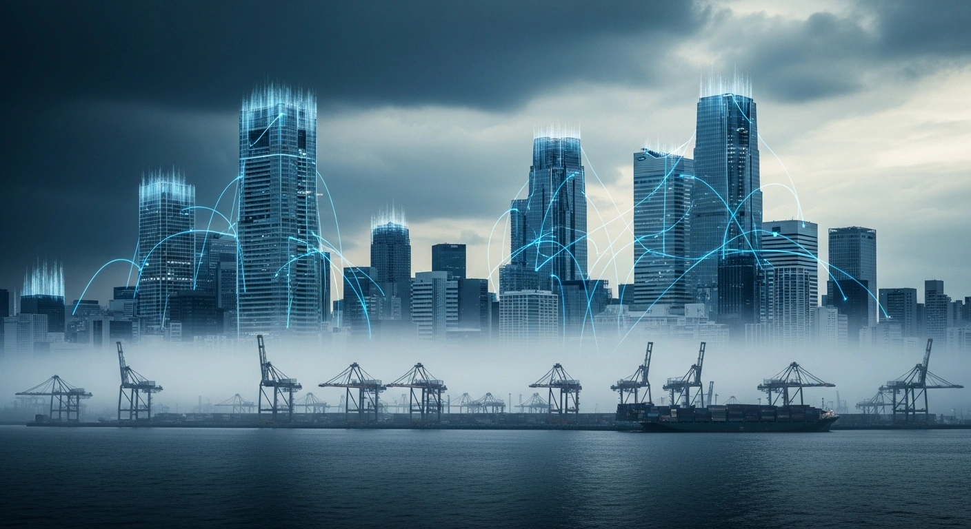 A wide-angle, dramatic shot of a futuristic Japanese metropolis at night, with towering skyscrapers interwoven with electric-blue digital tendrils symbolizing cyber threats, and a fog-shrouded shipping port representing supply chain disruptions, under a stormy sky, illustrating the leading risks for Japanese businesses.