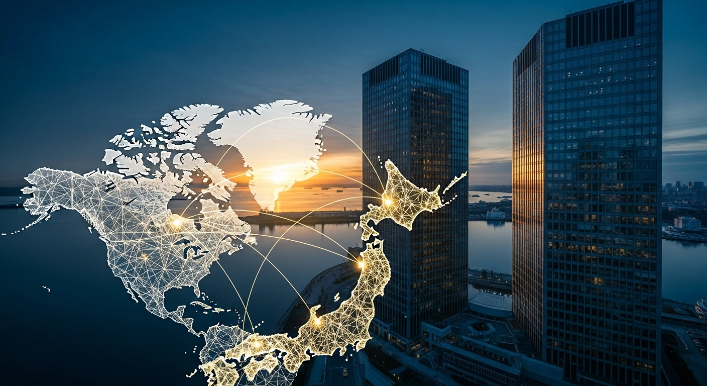A conceptual image showing the connection between Japan and Canada through a glowing digital map to represent their new economic security dialogue for critical minerals and supply chains.