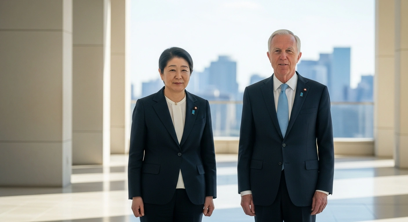 Japanese Prime Minister Takaichi Sanae and Canadian Prime Minister Mark Carney stand together to discuss strategic cooperation in defense and technology.
