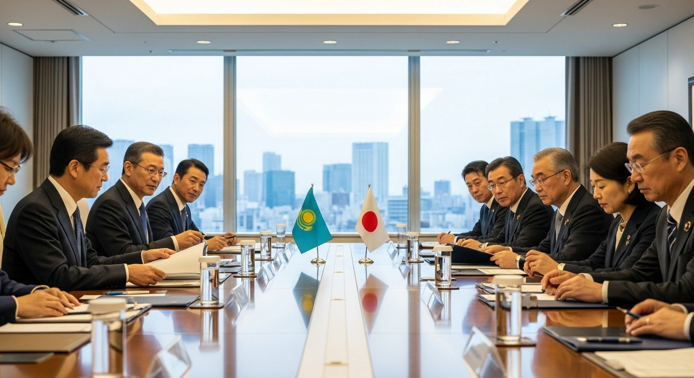 Leaders from Japan and five Central Asian nations are depicted in a modern Tokyo conference room, seated at a long table, signifying the conclusion of their first-ever summit and the adoption of a joint declaration to strengthen economic ties, diversify supply chains, and cooperate on infrastructure, decarbonization, and AI, targeting $19 billion in business.