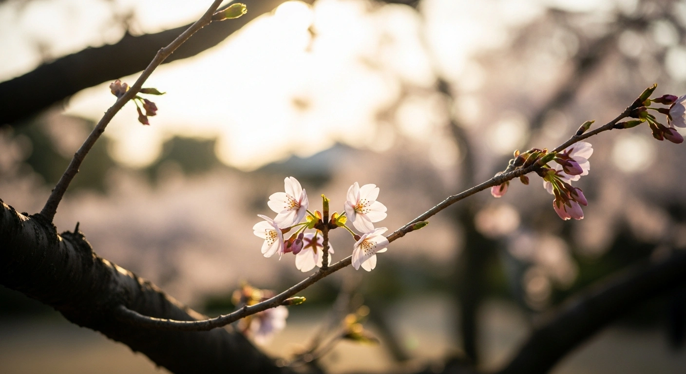 Delicate somei yoshino cherry blossoms begin to bloom on a branch in Japan, marking the official start of the 2026 sakura season.