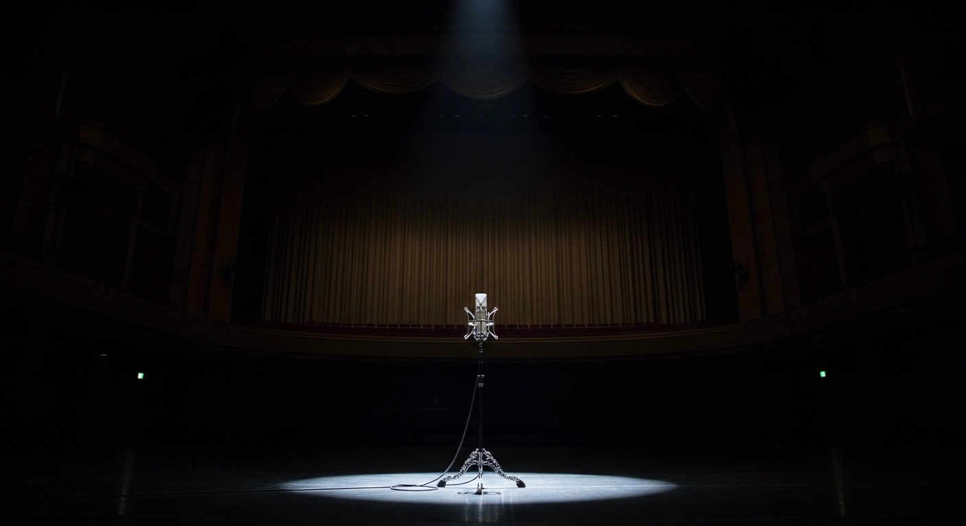 An empty concert hall stage with a single spotlight on an ornate Japanese microphone stand symbolizes the abrupt cancellation of Japanese cultural events in China, such as a singer's performance in Shanghai, due to deteriorating diplomatic relations between Japan and China following remarks on Taiwan.