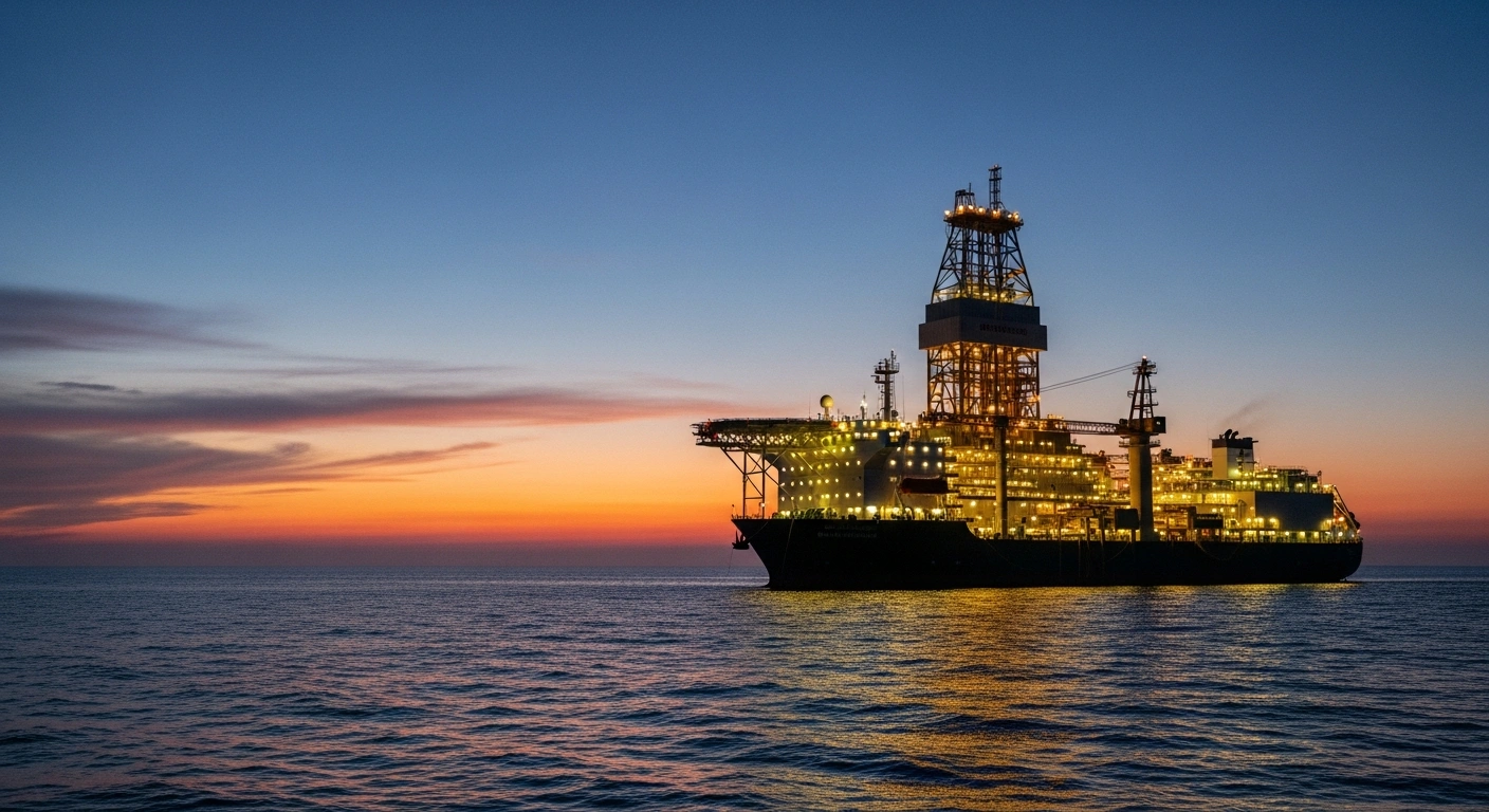 A massive, brightly lit mobile drilling vessel operates at dusk in the East China Sea, reflecting on the water, symbolizing the dispute between China and Japan over resource development near a contested median line.
