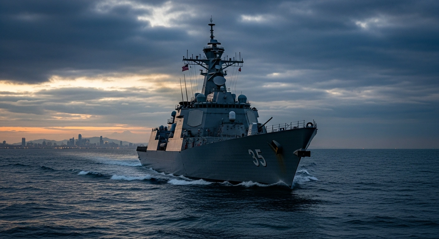 A modern naval destroyer sails through turbulent, dark waters at dusk, with the distant, illuminated skyline of a large city on the horizon, symbolizing the escalating tensions between China and Japan over Taiwan's sovereignty, following Japanese Prime Minister Sanae Takaichi's declaration.