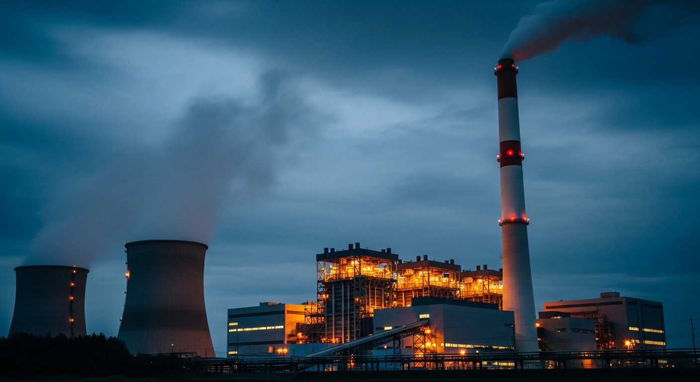 A large coal-fired power plant in Japan operates under a twilight sky to maintain a stable electricity supply.