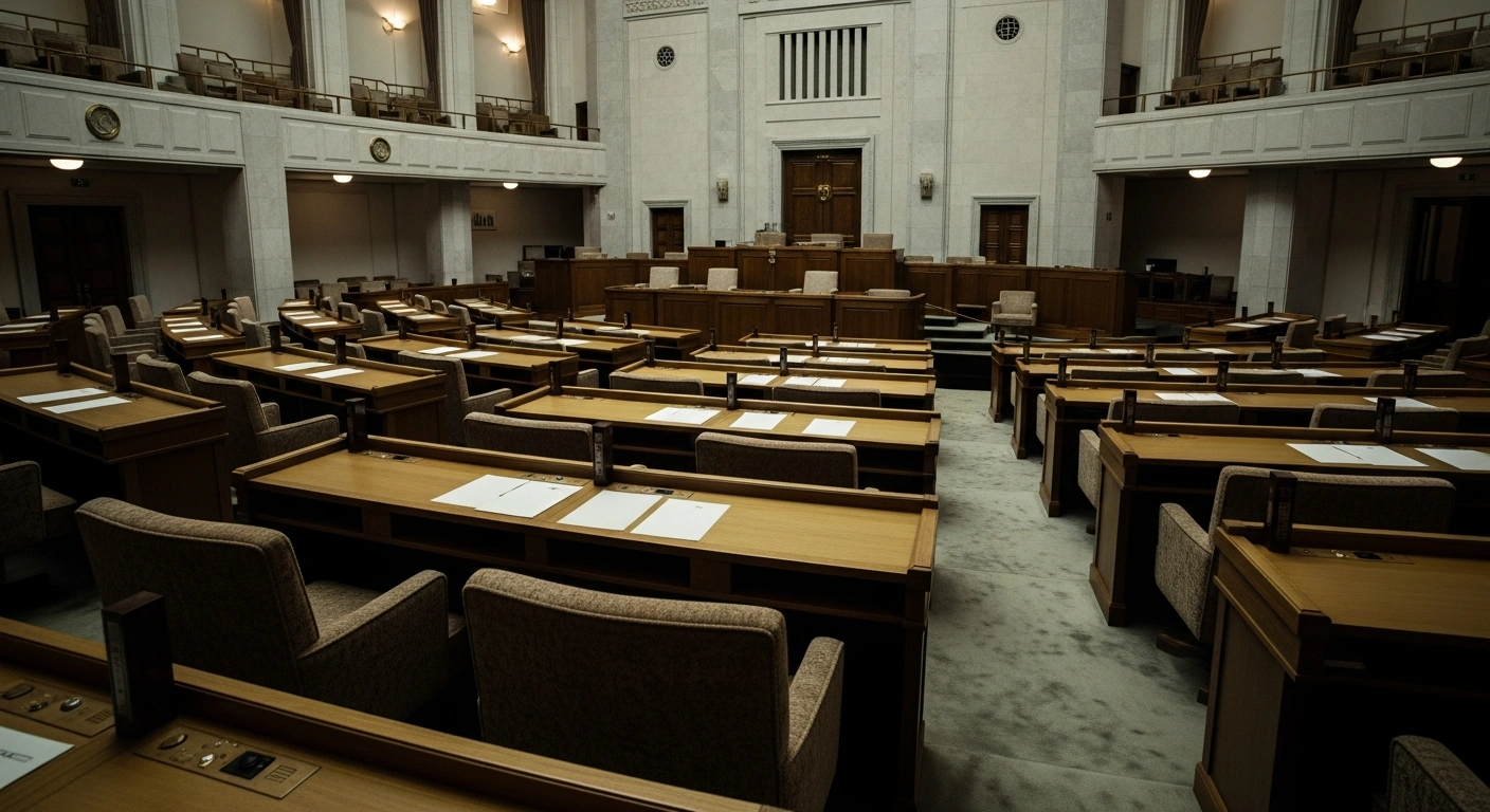 The interior of the Japanese House of Representatives chamber where legislators discuss the national referendum law reform.