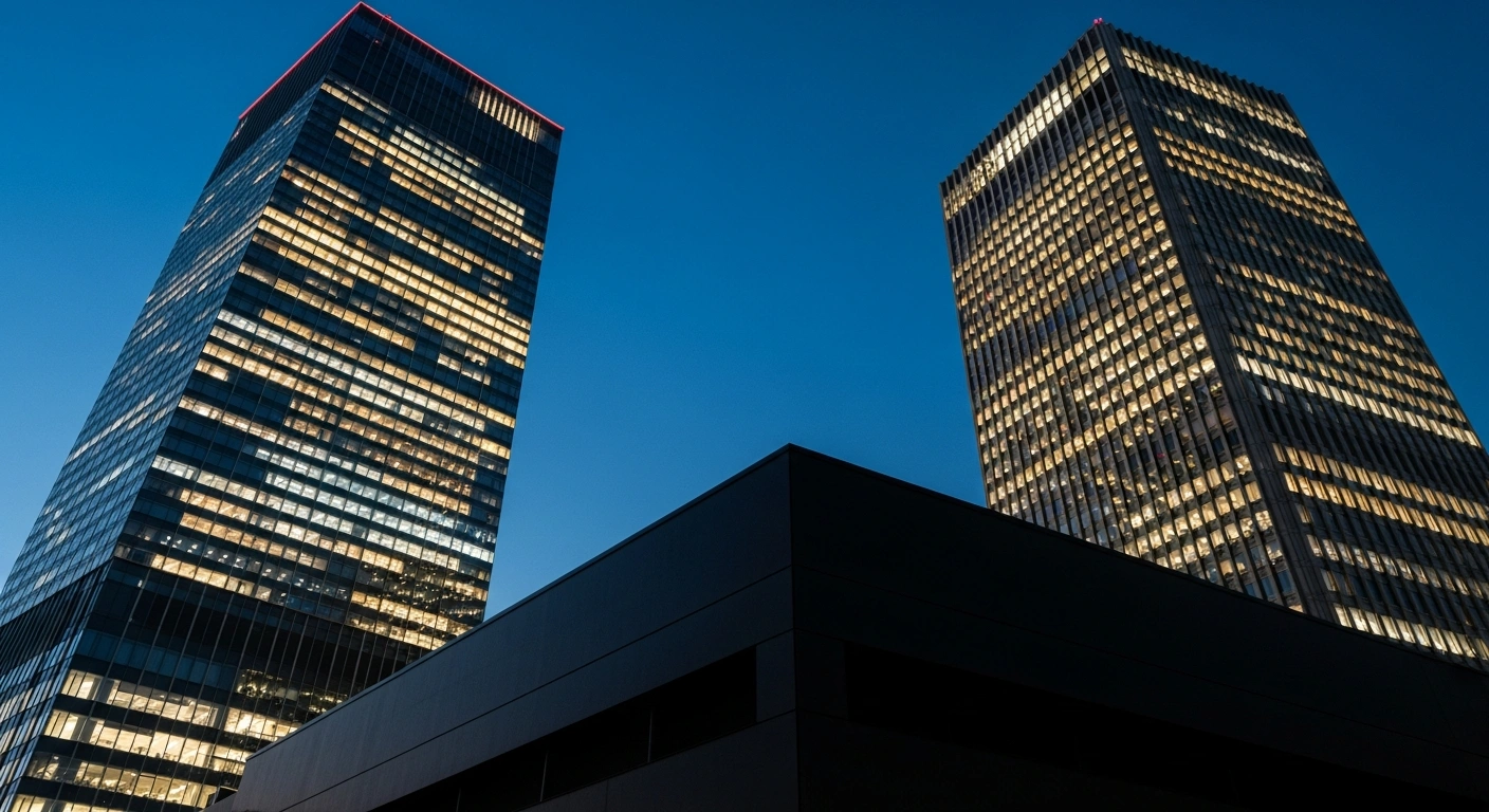 A stylized image depicting two brightly lit, modern Japanese convenience stores, representing Lawson and FamilyMart, signifying net profit growth, contrasted with a third, shadowed convenience store, symbolizing Seven & i Holdings, indicating a net profit decline.