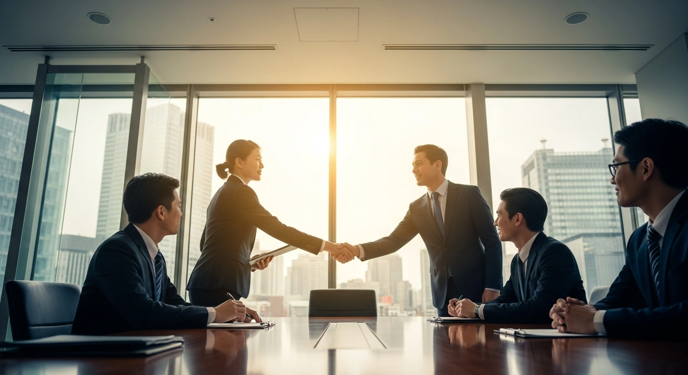 Business executives at a major Japanese corporation shake hands in a bright office to finalize a landmark agreement on wage increases during the annual spring labor negotiations.