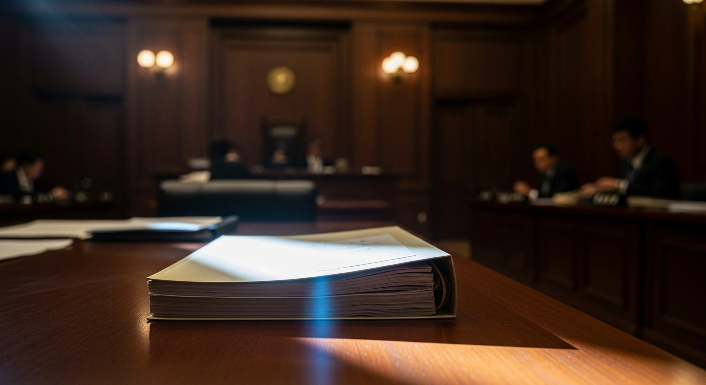A stack of legal documents sits on a courtroom table in Japan, representing the government-backed bill for criminal retrial reform and evidence disclosure.