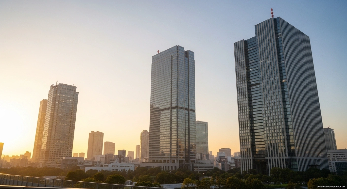 A modern Japanese cityscape at dawn, with financial district towers reflecting golden light, symbolizing Japan's current account surplus of 3.7758 trillion yen in August, marking its seventh consecutive month in surplus as reported by the Ministry of Finance.