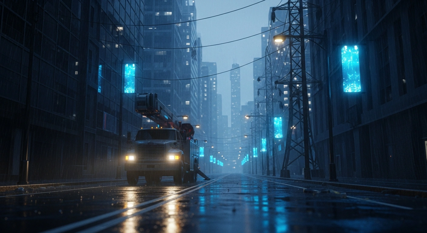 A lone utility truck sits on a dark city street during a simulated cyberattack drill testing power grid resilience in Japan.
