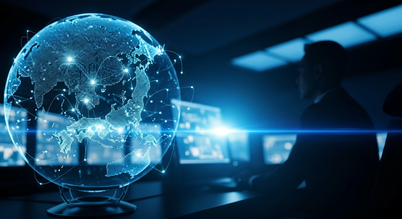 A digital representation of the Japanese government monitoring a cybersecurity network to protect critical infrastructure from cyber threats.