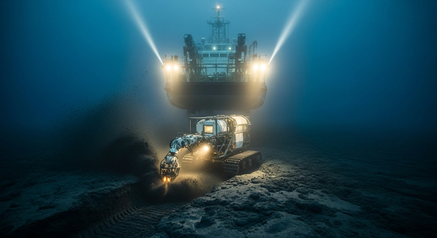 A high-tech robotic crawler extracts rare earth minerals from deep-sea mud deposits on the ocean floor near Minamitorishima to support Japan's resource independence.