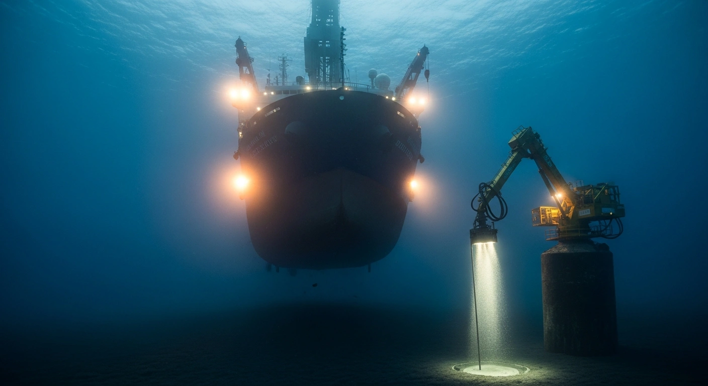A deep-sea drilling vessel, Chikyu, illuminates the abyssal plain at 6,000 meters depth near Minami-Torishima Island, actively extracting rare-earth-rich mud with a robotic arm.
