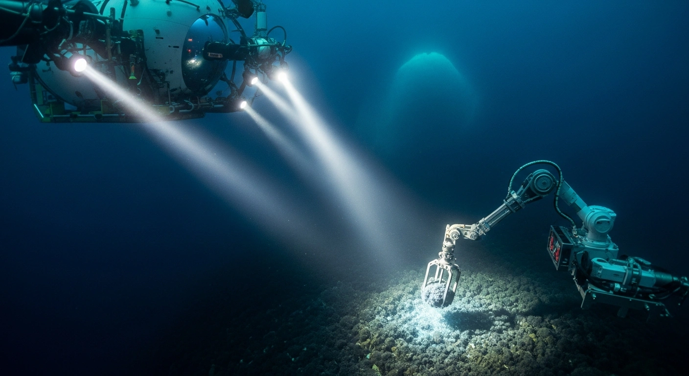 A robotic arm from a state-of-the-art deep-sea submersible extracts glowing rare earth nodules from the seabed at 6,000 meters depth, illuminated by powerful artificial lights, symbolizing Japan's pioneering mission near Minamitori Island to secure critical minerals.