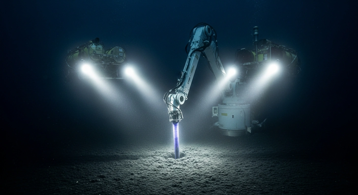 A futuristic robotic arm, illuminated by submersible floodlights, extracts glowing rare-earth-rich mud from the dark, silty seabed at a depth of 6,000 meters, symbolizing Japan's deep-sea mining test near Minamitorishima Island.