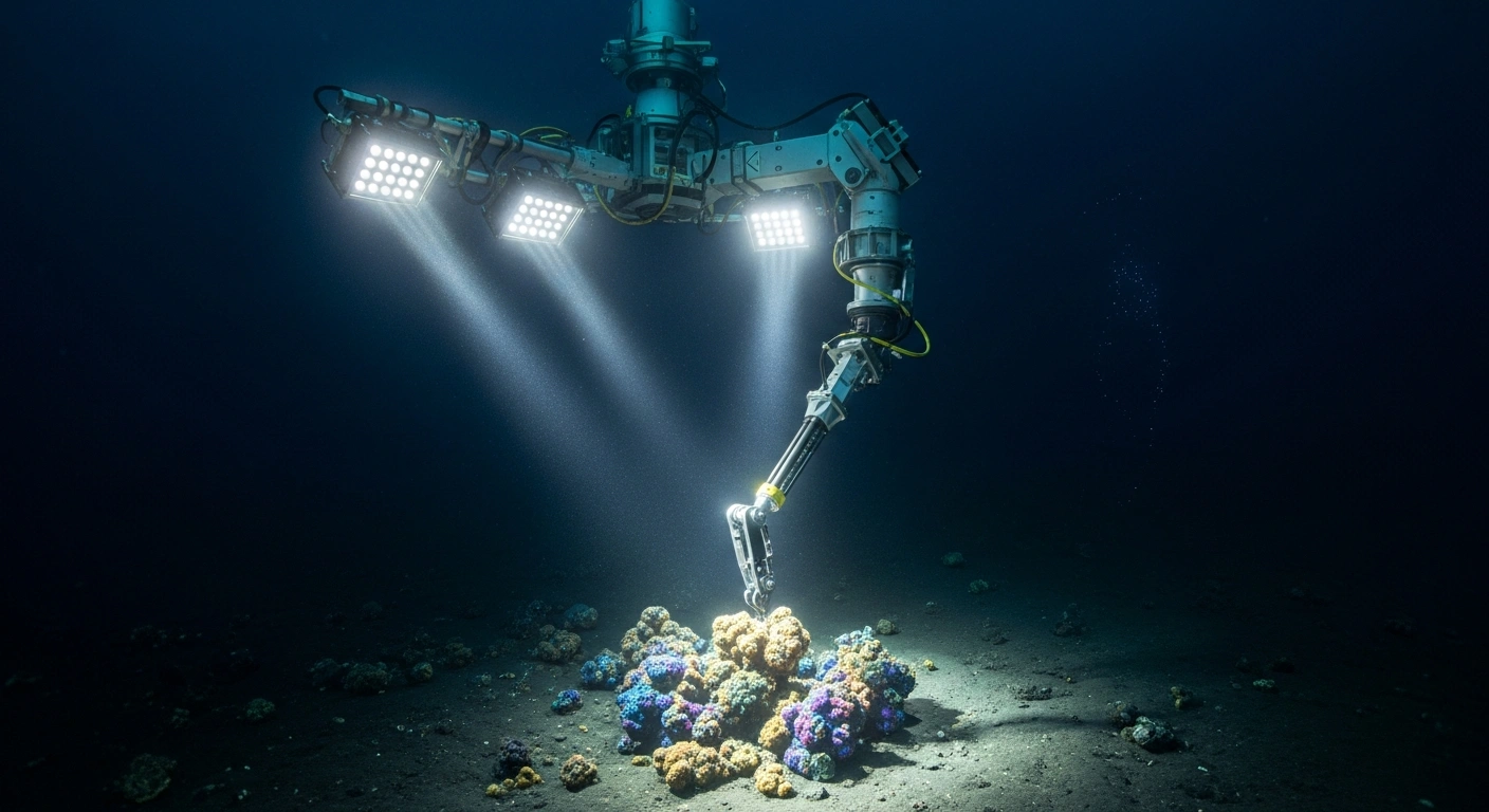 A robotic deep-sea mining apparatus with powerful lights illuminates and extracts iridescent rare earth nodules from the abyssal plain 6,000 meters below the Pacific Ocean, symbolizing Japan's pioneering test near Minamitori Island.
