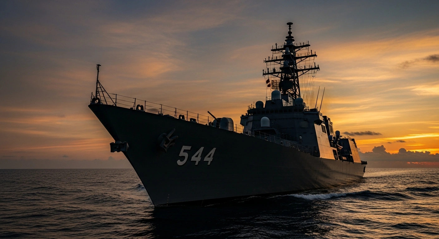 A modern Japanese Aegis destroyer, with advanced radar arrays, is silhouetted against a dramatic, fiery sunrise over a turbulent sea, symbolizing Japan's record defense budget increase and bolstered coastal defenses amidst escalating regional tensions with China.