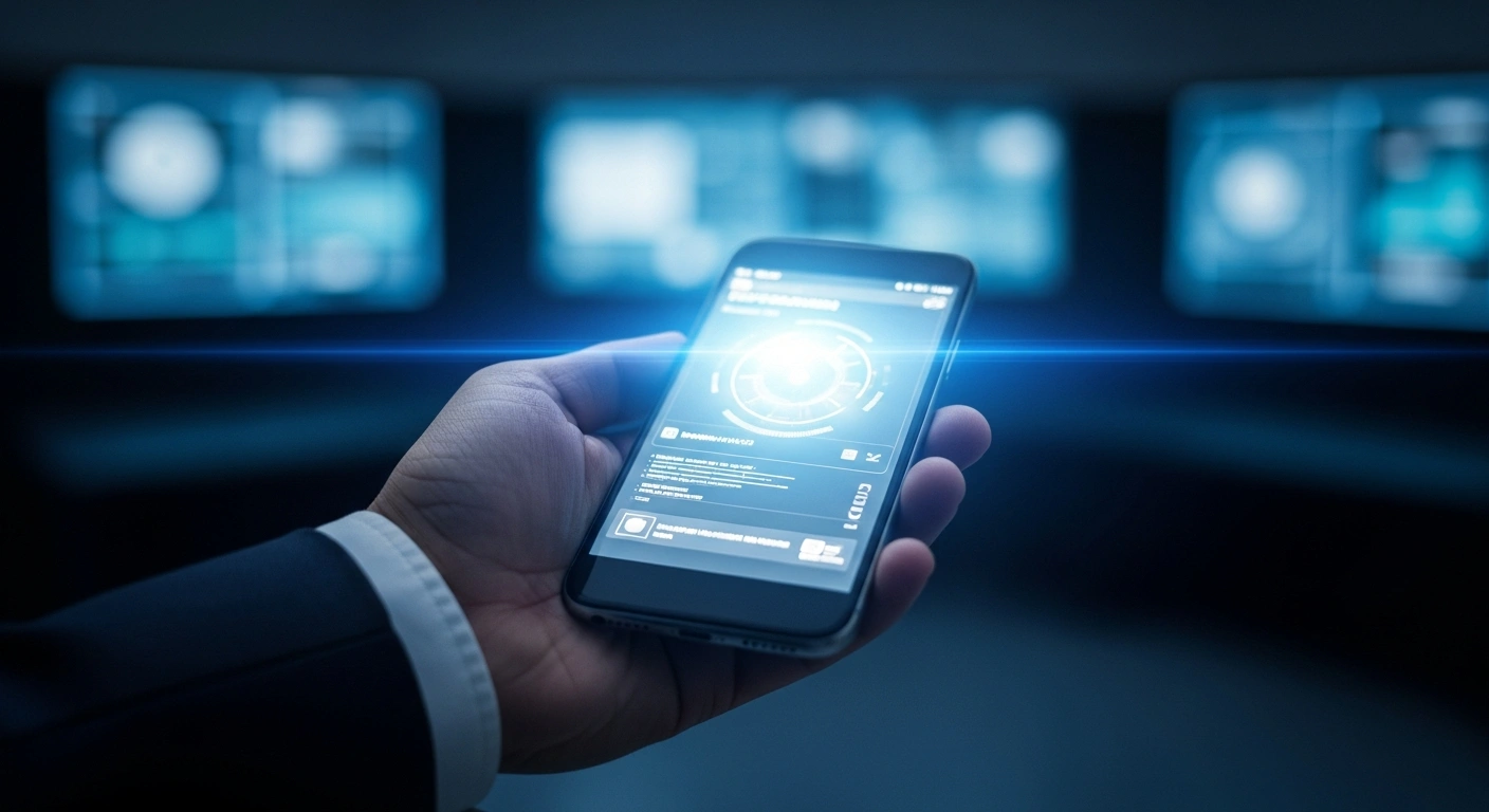 A Japanese defense official uses a smartphone to manage official digital communications regarding national security and defense policy.