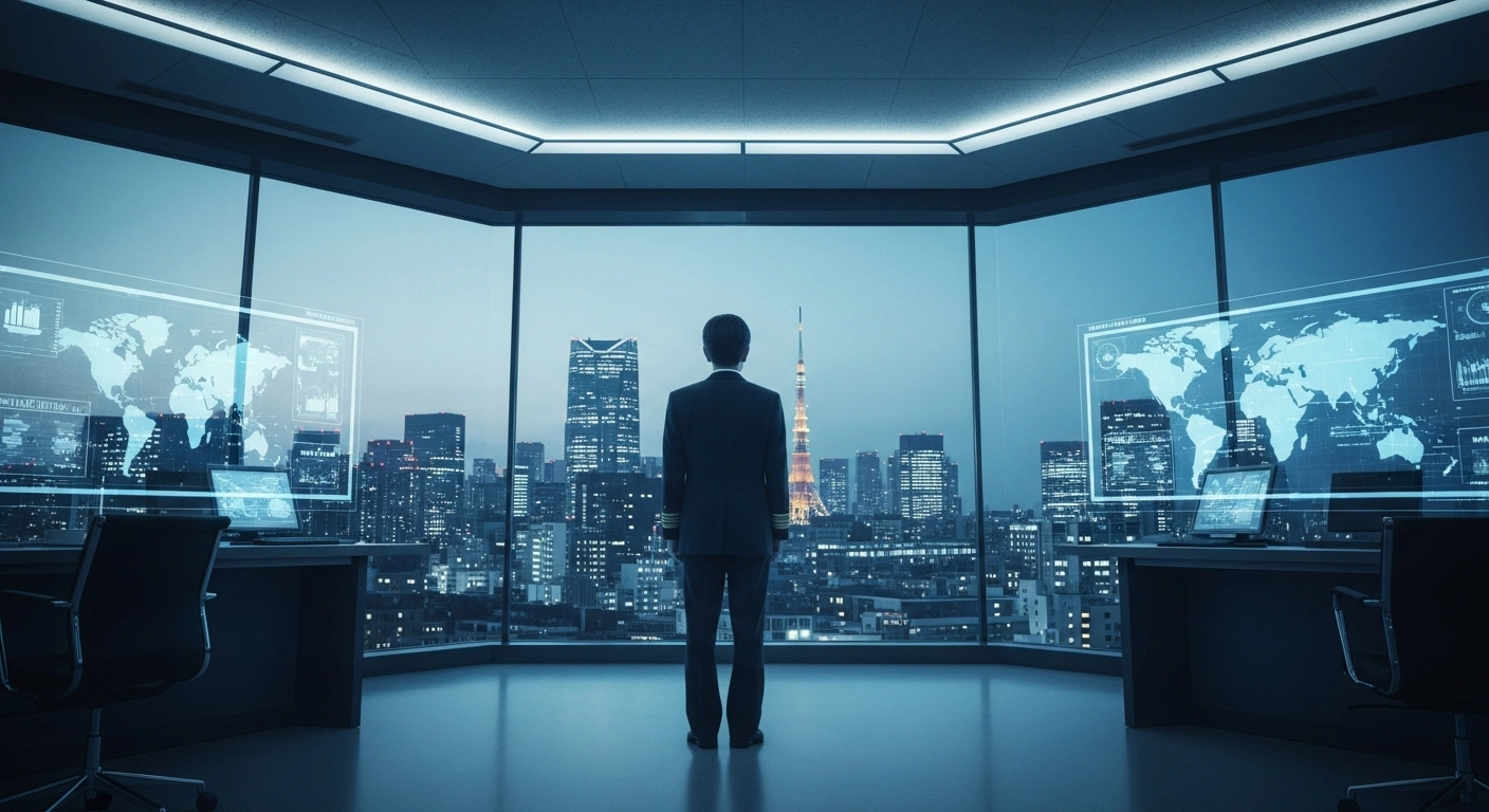 Japanese Defense Minister Shinjiro Koizumi stands in a modern command center, representing the establishment of a new defense diplomacy bureau to enhance international security cooperation.