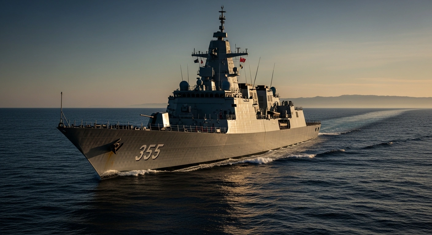 A modern Japanese naval vessel sails through the ocean as the government considers new policies to allow the export of lethal defense equipment.