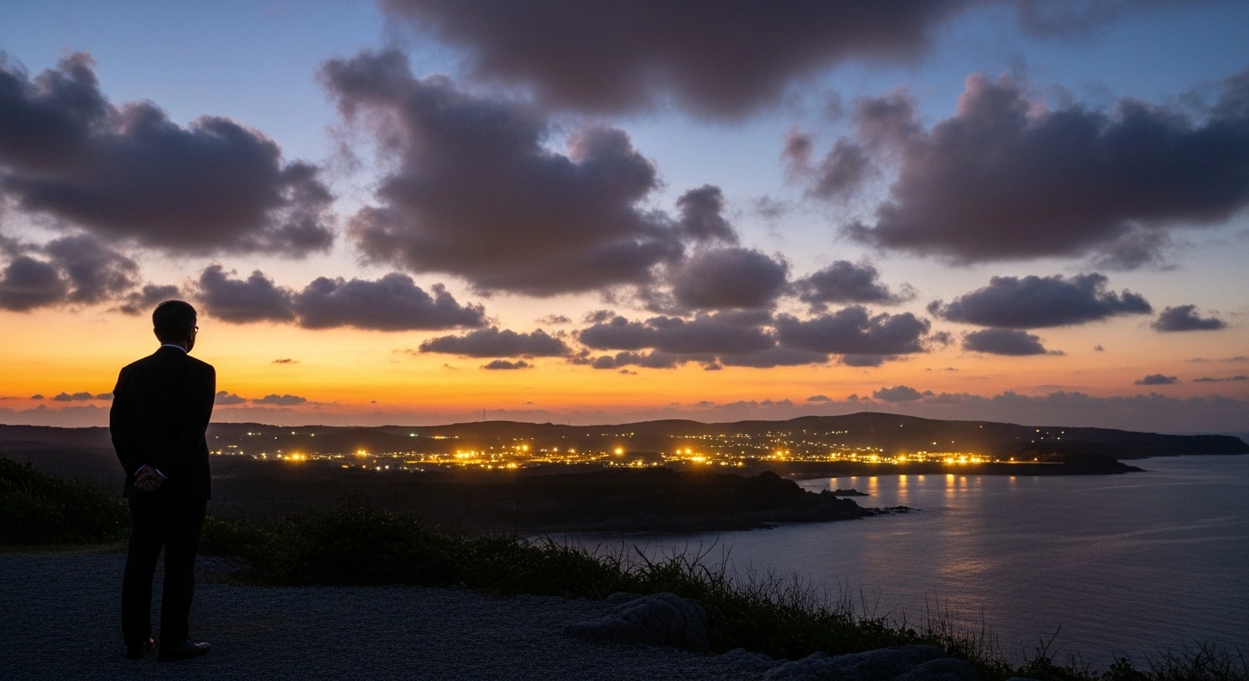 Japanese Defense Minister Shinjiro Koizumi stands silhouetted against a dramatic dusk sky overlooking a U.S. military base on the rugged coastline of Okinawa, contemplating the reduction of the U.S. base burden and regional defense capabilities.