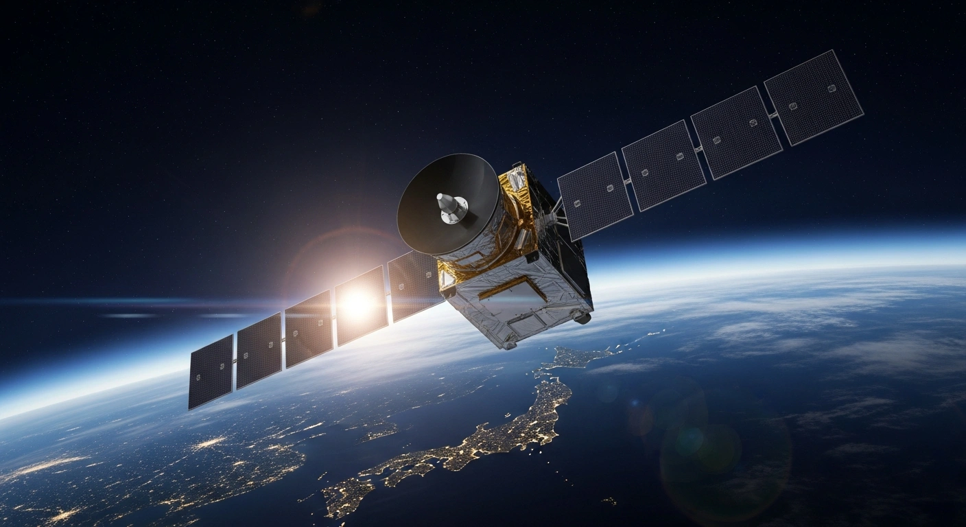 A sleek, advanced reconnaissance satellite with polished solar panels orbits above the Earth's curvature, with the illuminated archipelago of Japan visible below, symbolizing Japan's new intelligence, surveillance, and reconnaissance satellite constellation for enhanced defense capabilities.