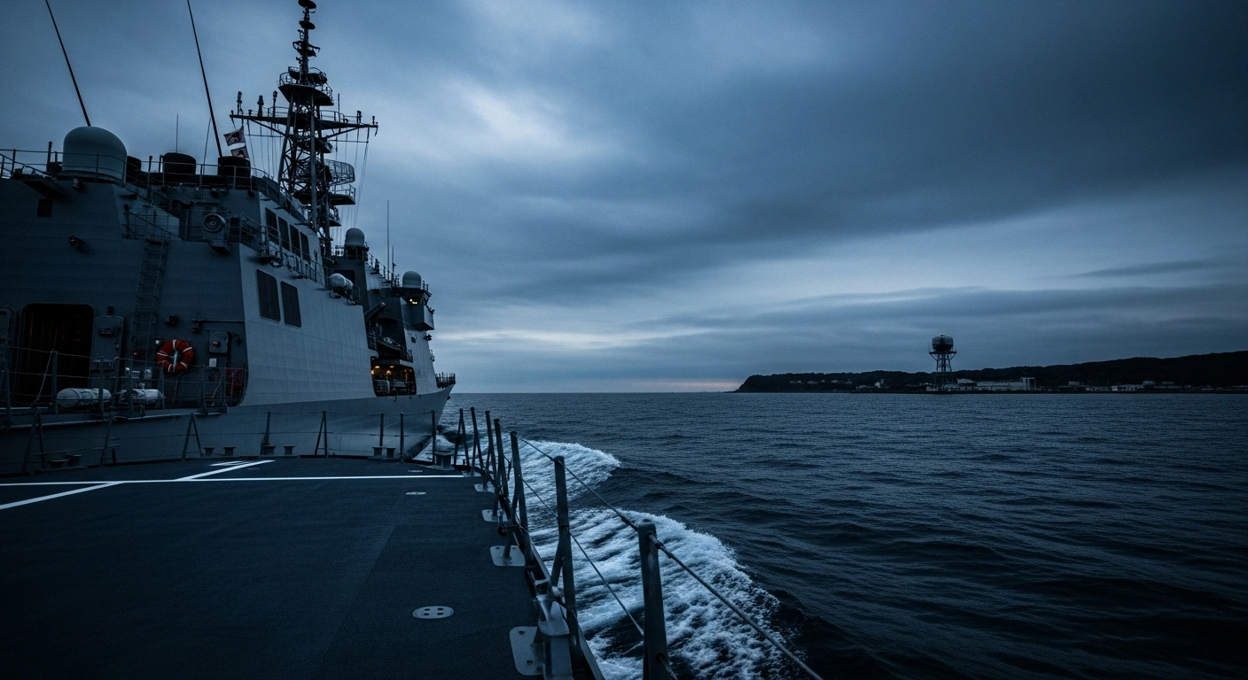 A Japanese naval ship patrols turbulent waters as Defense Minister Shinjiro Koizumi calls for increased national defense preparedness.
