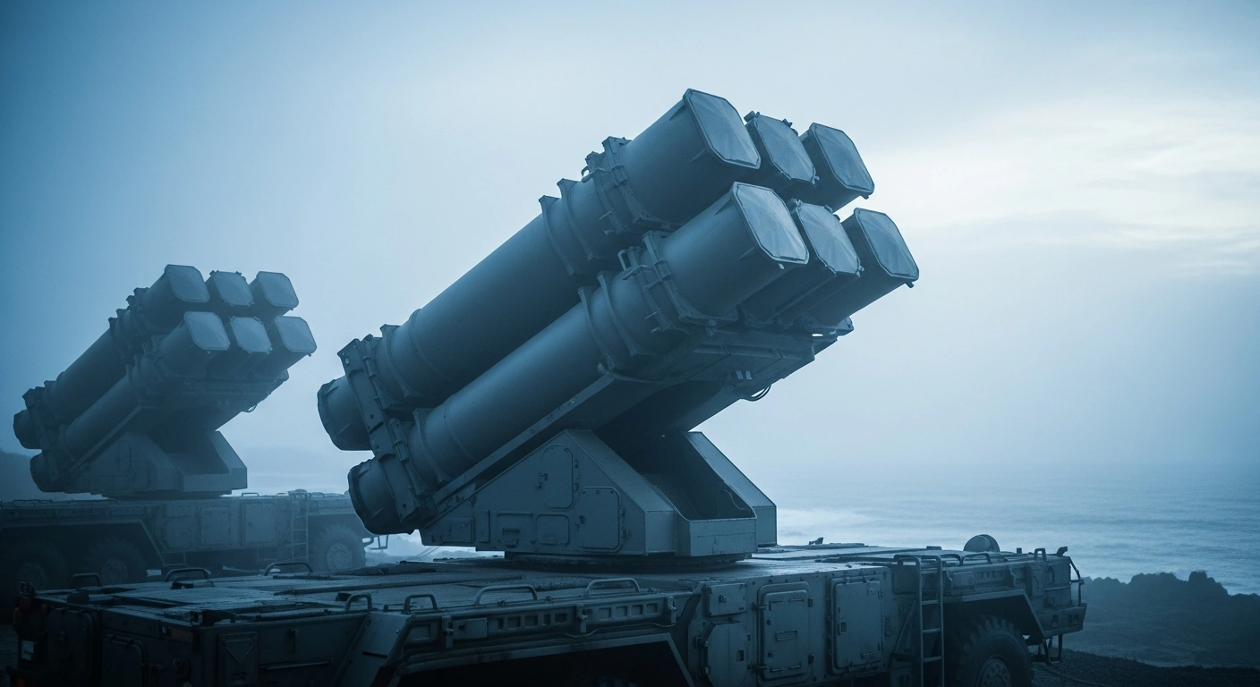 A modern Japanese Type-12 surface-to-ship missile launcher is positioned on a rocky coastline to enhance regional defense capabilities.