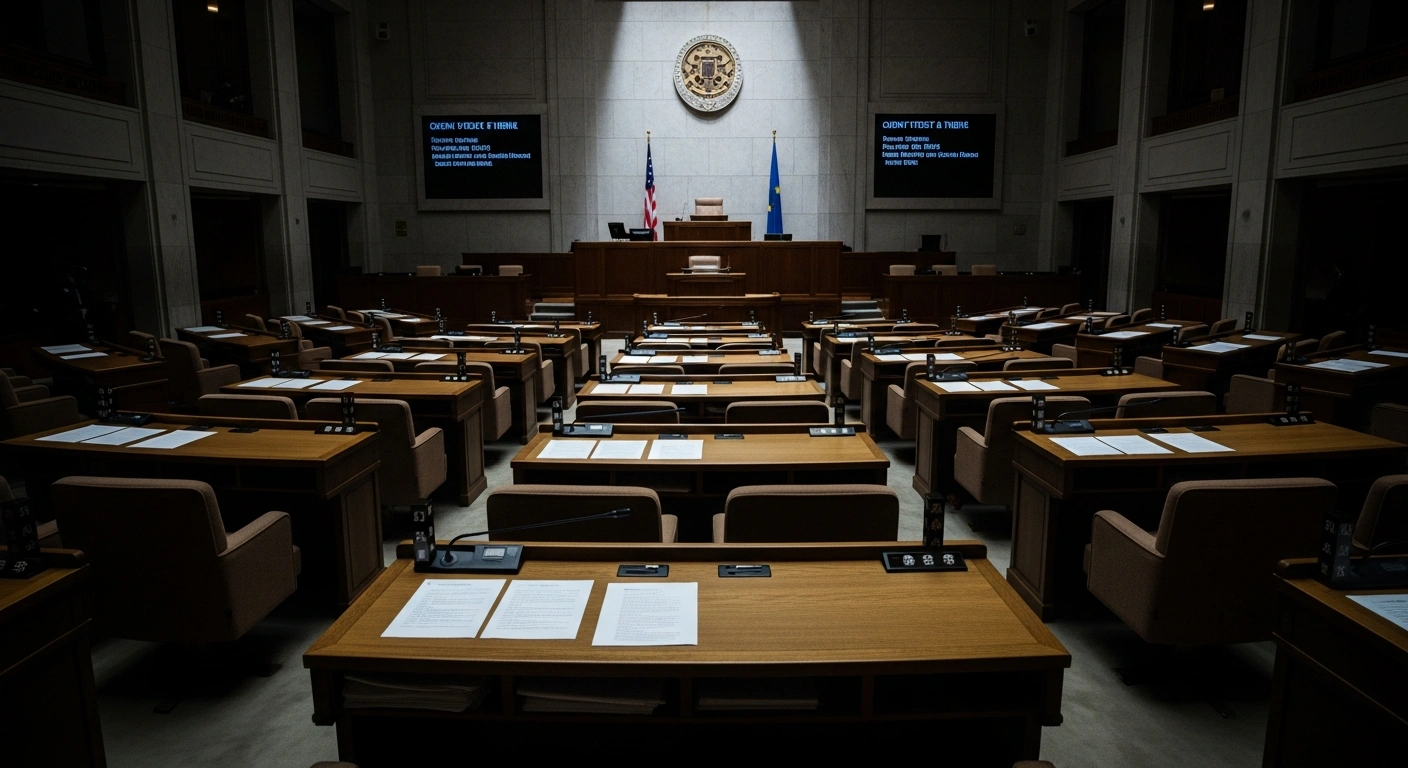 The interior of the Japanese Diet building shows empty legislative seats during a period of political tension regarding the fiscal 2026 budget deliberations.