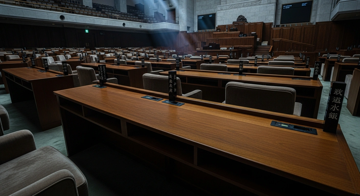 The empty chamber of the Japanese Diet reflects the legislative delay of the fiscal 2026 budget bill following political friction.