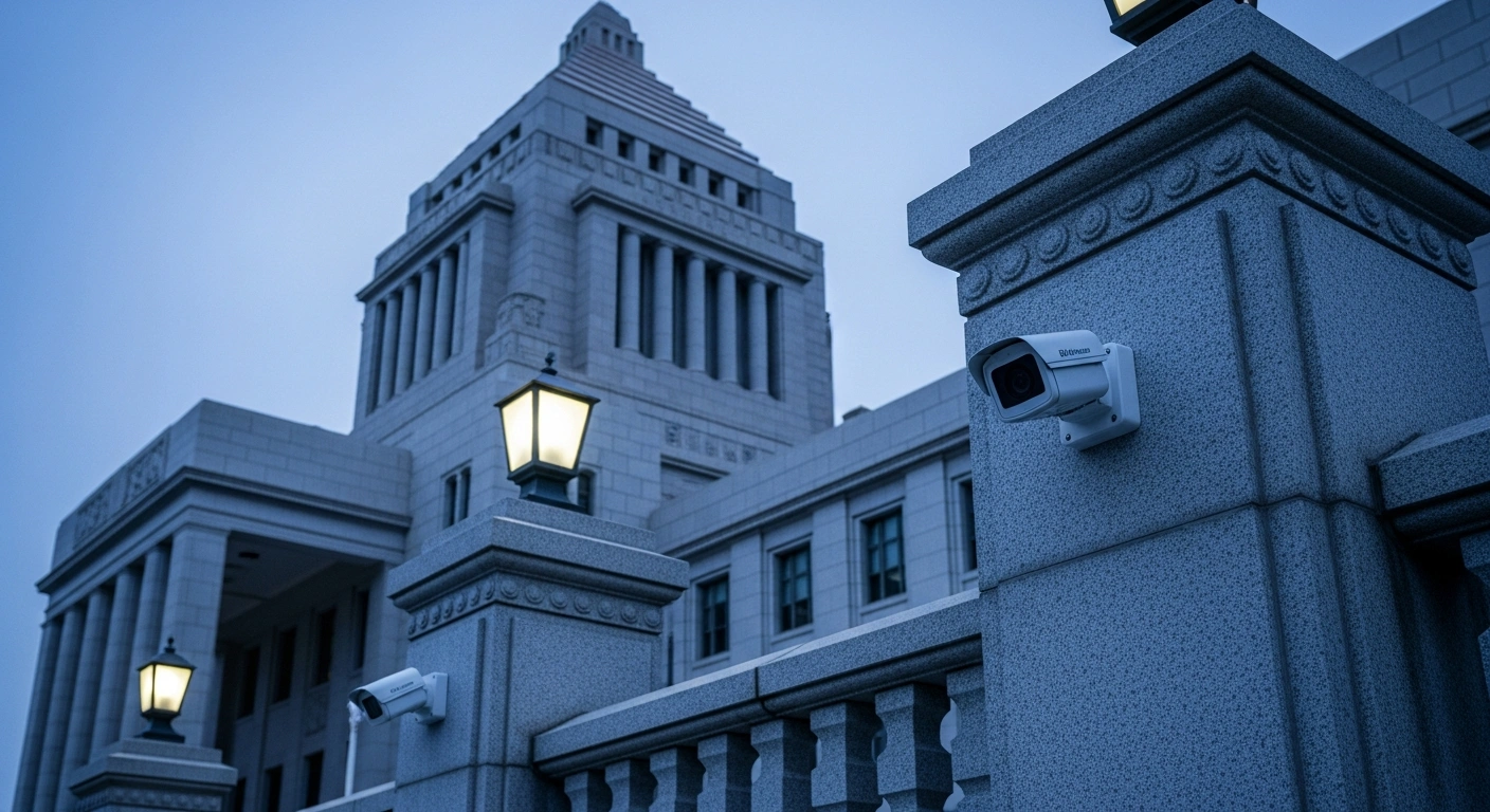 Modern security cameras are installed on the historic stone pillars of the Japanese Diet building in Tokyo to enhance surveillance infrastructure.