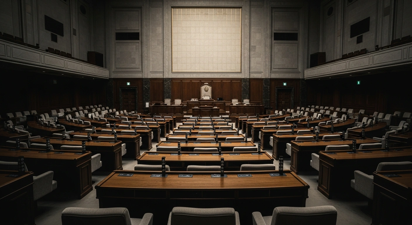 The empty interior of the Japanese House of Representatives chamber represents the Liberal Democratic Party's ongoing discussions regarding the reduction of proportional representation seats.