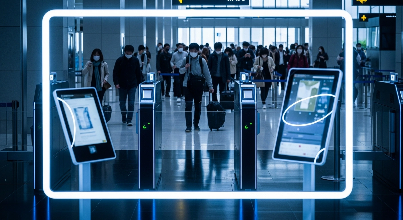 A futuristic Japanese digital border control checkpoint with sleek biometric scanners and illuminated data screens, symbolizing the nation's efforts to expedite digital border controls, including a new JESTA system, and tighten residency management for both stricter immigration oversight and smoother entry procedures following record foreign arrivals.