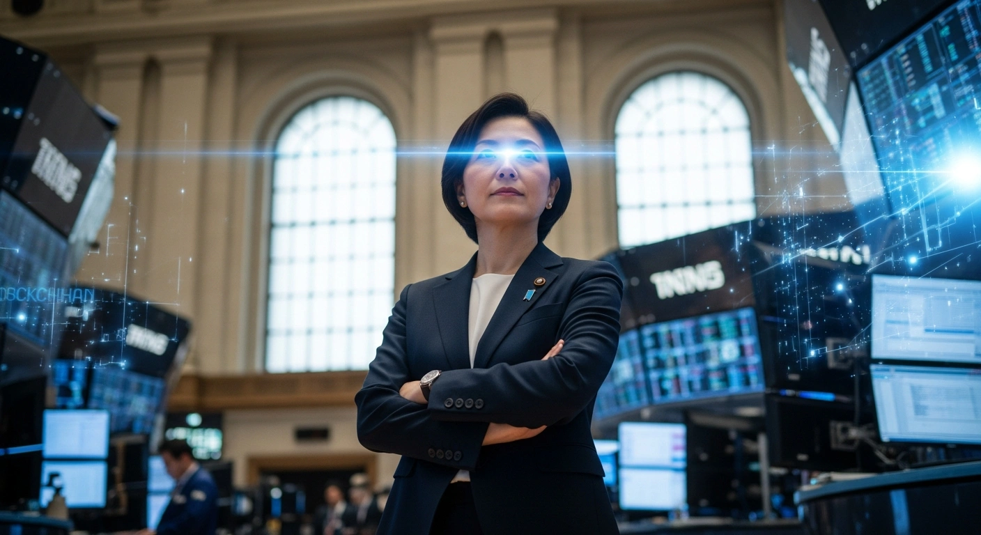 Japan's Finance Minister Satsuki Katayama stands on the Tokyo Stock Exchange trading floor, illuminated by digital light, symbolizing the nation's push for digitalization and integration of blockchain-based assets into financial markets by 2026.