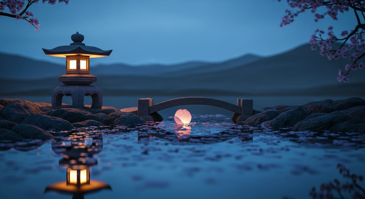 A serene Japanese garden at twilight represents the diplomatic efforts between the United States and Iran to de-escalate tensions in the Middle East.