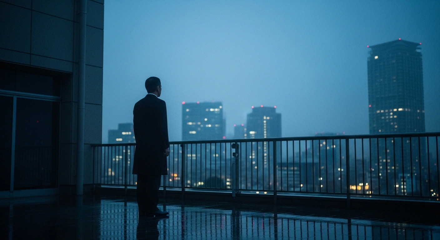 A Japanese official stands on a balcony overlooking the Tokyo skyline while reflecting on the diplomatic tensions caused by comparisons to the Pearl Harbor attack.