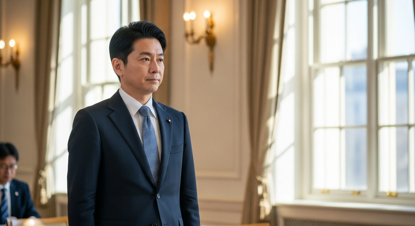 A distinguished Japanese diplomat stands composed and resolute in a sun-drenched conference hall, representing Japan's dismissal of China's protest regarding a meeting with Taiwan.