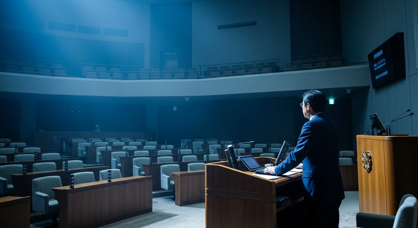 A politician stands at a podium in the Japanese Diet, representing the Democratic Party for the People as they shift toward policy-based legislative negotiations.