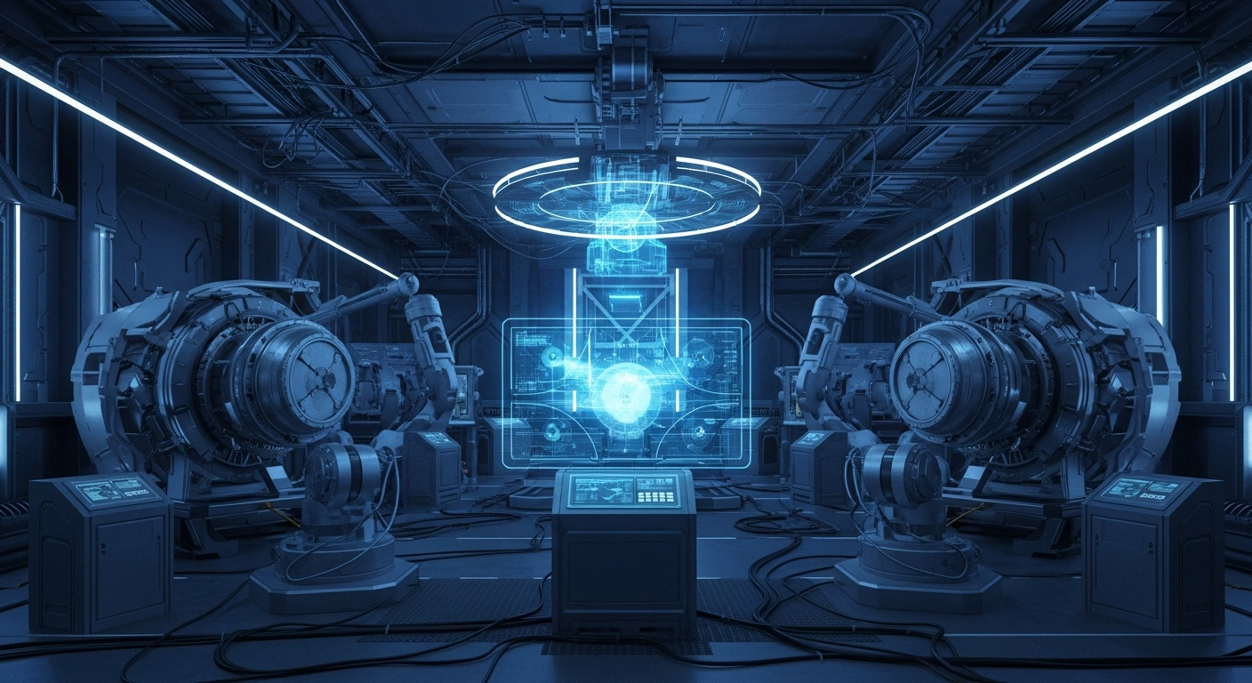 A high-tech laboratory features advanced robotics and aerospace equipment representing the Japanese government's focus on dual-use technology and national security.