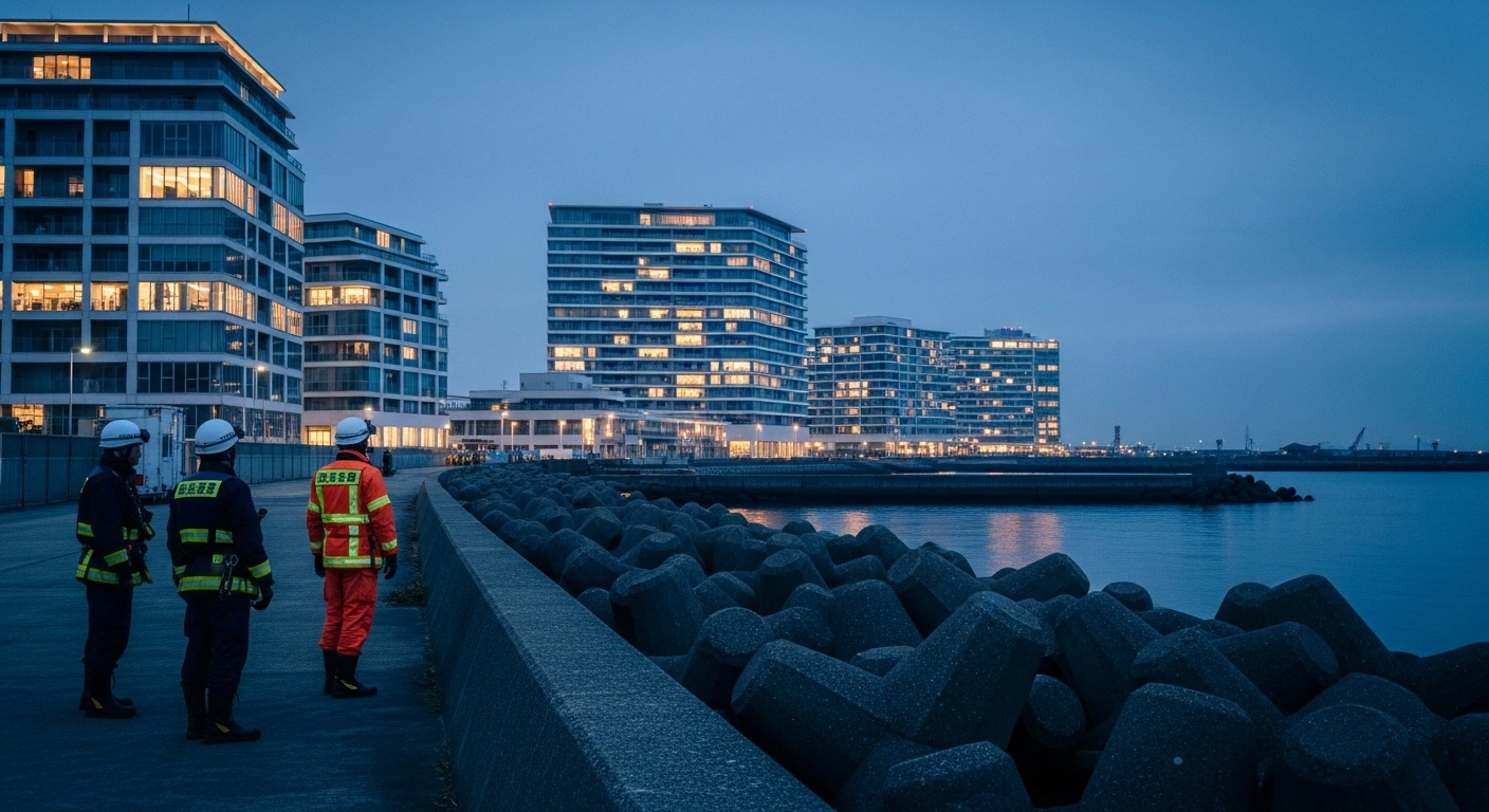 Japanese emergency response personnel stand near a reinforced seawall in a coastal city to highlight improved earthquake disaster preparedness and infrastructure resilience.