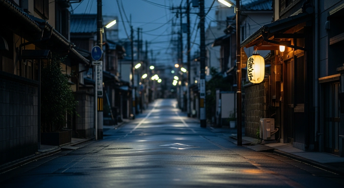 A quiet, narrow Japanese residential street at dusk, illuminated by streetlights and interior lights, features a subtly swaying paper lantern, illustrating the subtle impact of a magnitude 3.9 earthquake that struck near Konan, Aichi-ken, Japan, on January 4, 2026.