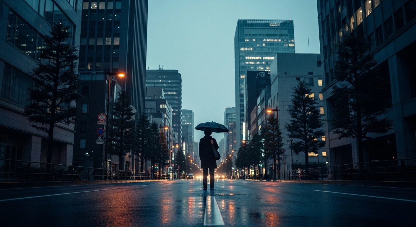 A person stands on a quiet city street in Japan, reflecting the widespread public concern and heightened awareness regarding the potential for a future major earthquake.