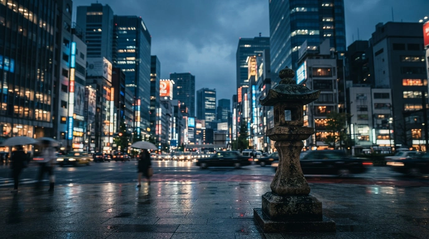 A modern Tokyo cityscape at twilight represents Japan's shifting position in the global economy as projected by the International Monetary Fund.