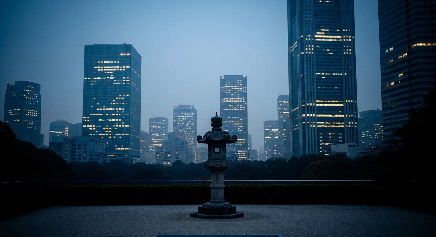 A modern Tokyo cityscape at dusk represents the Japanese government's downward revision of its 2026 economic growth projection.