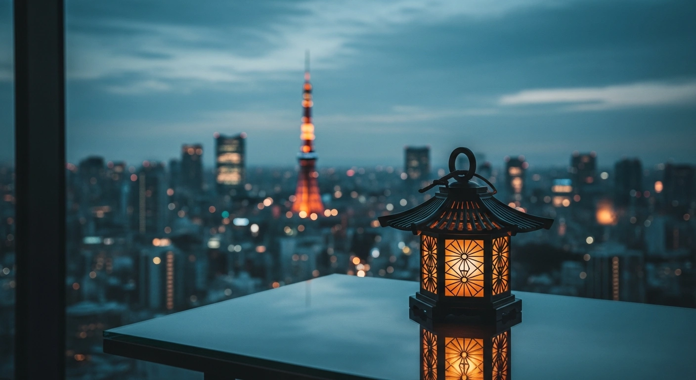 A symbolic view of a glowing Japanese lantern on a table overlooking a blurred Tokyo skyline, representing Japan's cautious economic transition away from deflation.