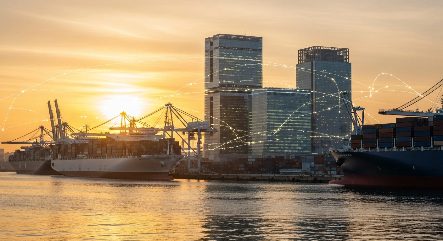 A wide-angle, cinematic shot at sunrise shows a modern Japanese seaport with large cargo ships, flanked by sleek, glowing data centers, symbolizing Japan's enhanced economic security and support for crucial overseas infrastructure projects through new financial mechanisms.