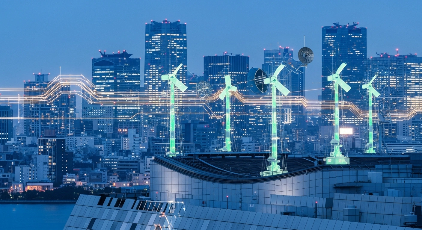 A futuristic Tokyo cityscape represents Japan's economic revitalization through investments in artificial intelligence, space exploration, and green energy.
