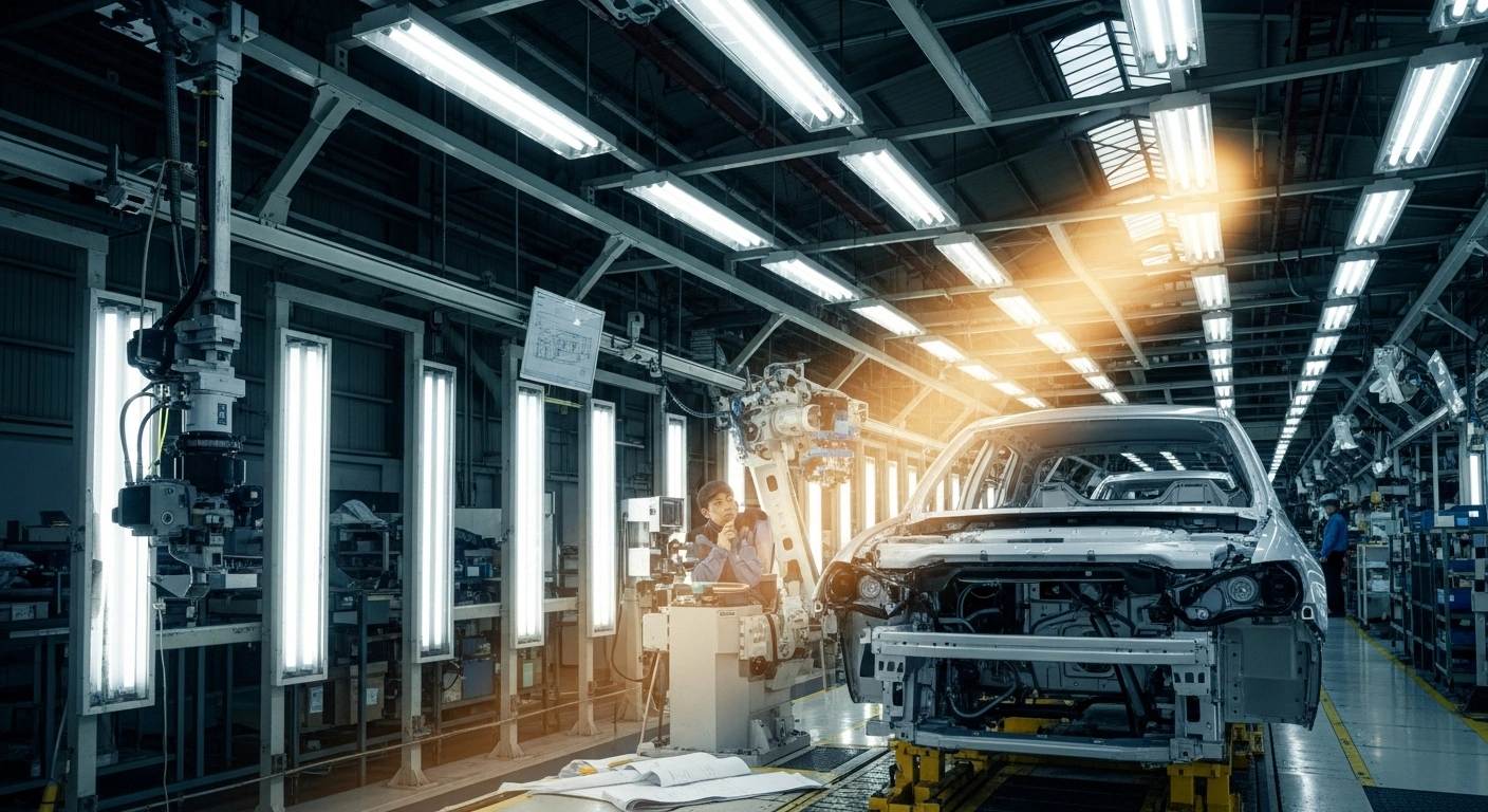 A wide, low-angle shot of a quiet Japanese automobile assembly line with robotic arms paused near a partially completed vehicle, illuminated by cool industrial lights and a warm sunbeam, symbolizing Japan's economic contraction due to US tariffs on exports and the anticipation of a government stimulus package.